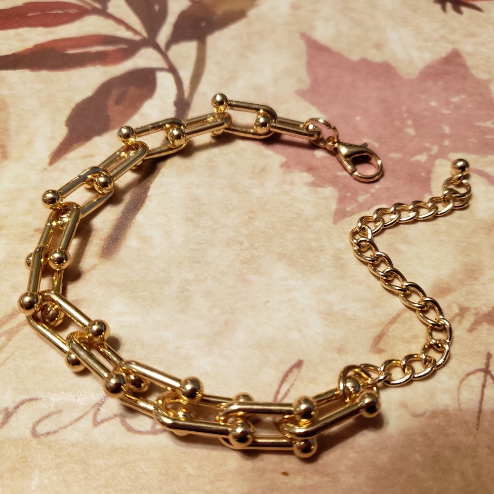 Bohemian 14k Gold Plated Chain Chunky Bracelet, U-Link Chain Bracelet